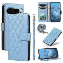 (Blue)Compatible For Google Pixel 9 / Pixel 9 Pro Case Wallet Rhombus Leather Phone Cover With Shoulder Strap, Wrist Strap