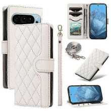 (White)Compatible For Google Pixel 9 / Pixel 9 Pro Case Wallet Rhombus Leather Phone Cover With Shoulder Strap, Wrist Strap