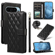 (Black)Compatible For Google Pixel 9 / Pixel 9 Pro Case Wallet Rhombus Leather Phone Cover With Shoulder Strap, Wrist Strap