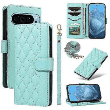 (Green)Compatible For Google Pixel 9 / Pixel 9 Pro Case Wallet Rhombus Leather Phone Cover With Shoulder Strap, Wrist Strap