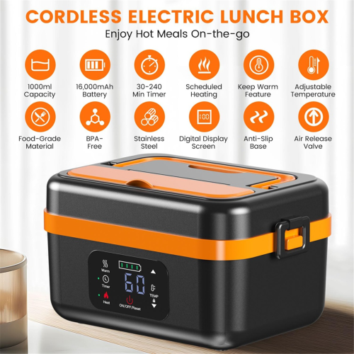 Cordless Electric Lunch Box,Rechargeable Self-Heat 2