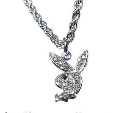 Unisex Rock Stainless Steel Twist Chain Fully Drilled Rabbit Head Playboy Bunny Pendant Necklace for Men Women, White