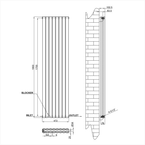 AICA (Double 1800x472mm, White) Designer Oval Column Radiator Central Heating 2