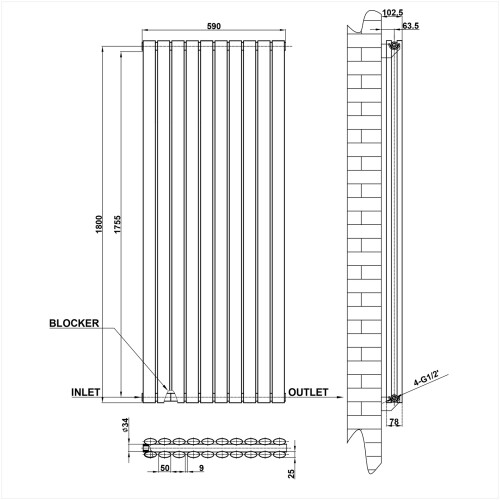 AICA (Double 1800x590mm, White) Designer Oval Column Radiator Central Heating 2