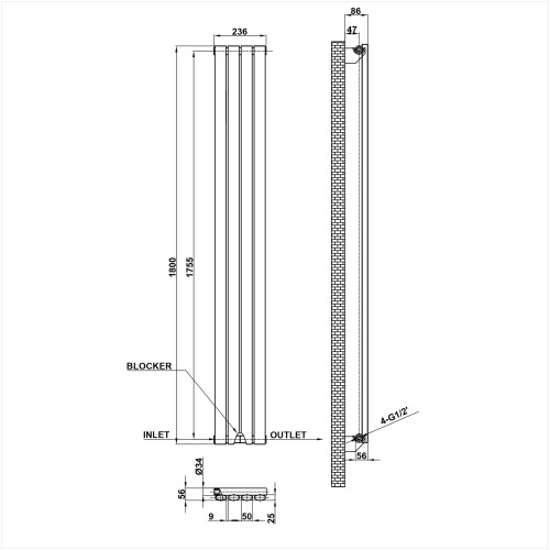 AICA (Single, 1800x236mm) Anthracite Central Heating Oval Column Radiators 2