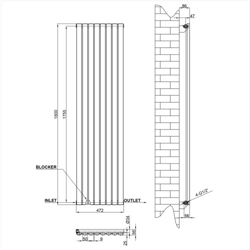 AICA (Single, 1800x472mm) Anthracite Central Heating Oval Column Radiators 2