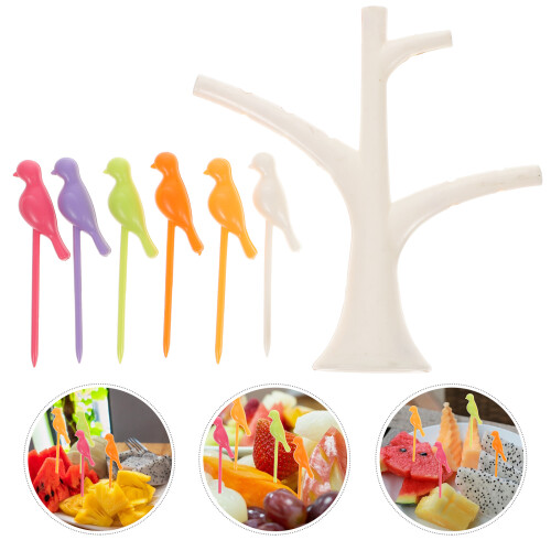 Tree And Bird Shaped Plastic Toothpick Fruit Fork (White) 1