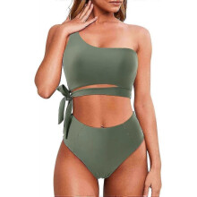 (L, Army Green) Women High Waisted Bikini Tie High Cut One Shoulder Two Piece Swimsuits