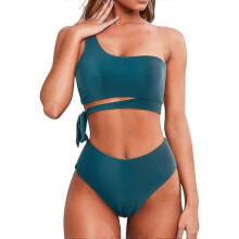 (S, Navy Blue) Women High Waisted Bikini Tie High Cut One Shoulder Two Piece Swimsuits