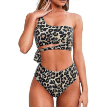 (S, Leopard) Women High Waisted Bikini Tie High Cut One Shoulder Two Piece Swimsuits