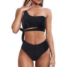 (S, Black) Women High Waisted Bikini Tie High Cut One Shoulder Two Piece Swimsuits