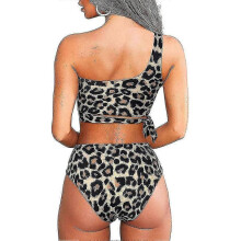 (XL, Leopard) Women High Waisted Bikini Tie High Cut One Shoulder Two Piece Swimsuits