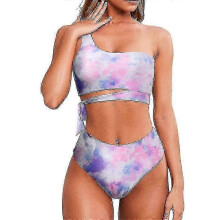 (L, Pink) Women High Waisted Bikini Tie High Cut One Shoulder Two Piece Swimsuits