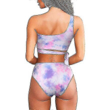(S, Pink) Women High Waisted Bikini Tie High Cut One Shoulder Two Piece Swimsuits