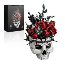 Skull Rose Bouquet Building Set - Halloween Gothic Horror Skeleton Plant Pot Home Decor - Artificial Flower Botanical Collection Giftsp