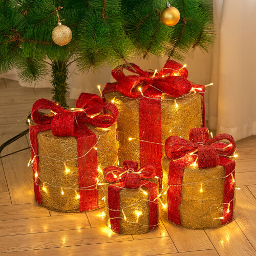Living And Home (Red+Gold) 4Pcs Christmas Gift Box Decorations with LED String Lights 2