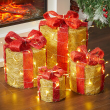 (Red+Gold) 4Pcs Christmas Gift Box Decorations with LED String Lights