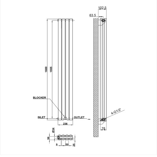 AICA (Double, 1600x236mm) White Single/Double Oval Column Radiator 2