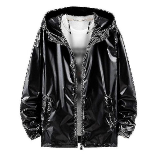 (S, Black) Mens Shiny Waterproof Hooded Jacket