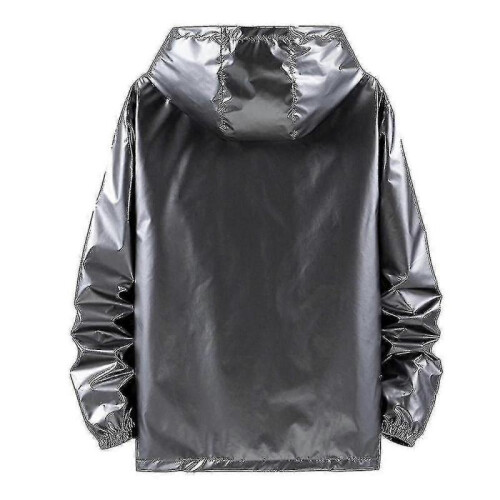 (S, Grey) Mens Shiny Waterproof Hooded Jacket 1