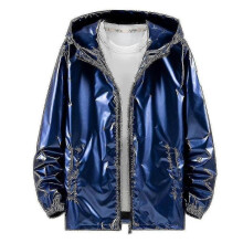 (2XL, Blue) Mens Shiny Waterproof Hooded Jacket