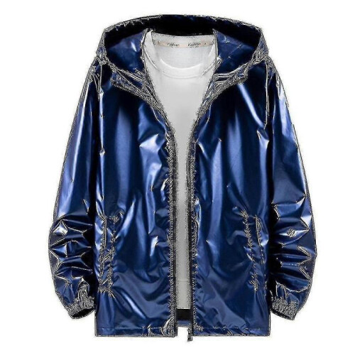 (2XL, Blue) Mens Shiny Waterproof Hooded Jacket