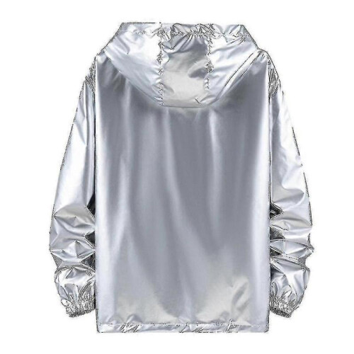 (XS, Silver) Mens Shiny Waterproof Hooded Jacket