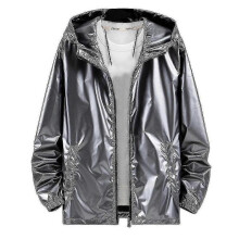 (L, Grey) Mens Shiny Waterproof Hooded Jacket