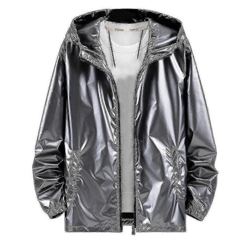 (L, Grey) Mens Shiny Waterproof Hooded Jacket