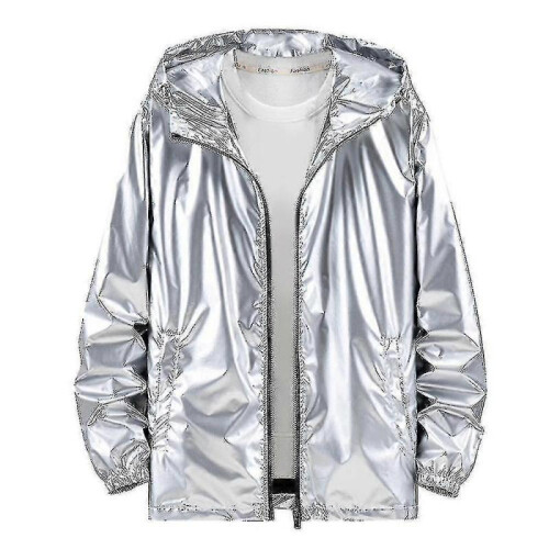(L, Silver) Mens Shiny Waterproof Hooded Jacket