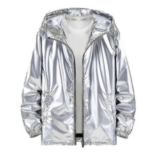 (XL, Silver) Mens Shiny Waterproof Hooded Jacket