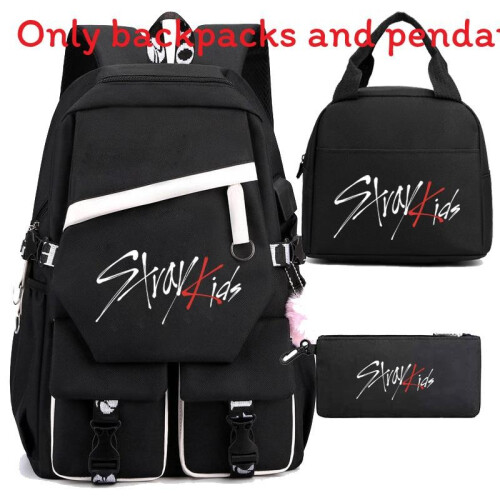 (Black White) Combination Stray Kids Peripheral Backpack Lunch Bag Pen Bag Piece Set 3