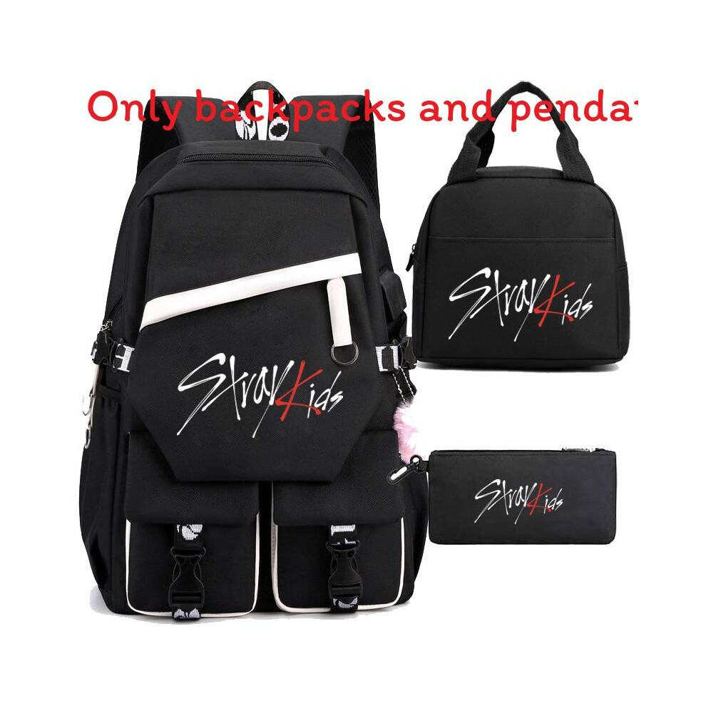 (Black White) Combination Stray Kids Peripheral Backpack Lunch Bag Pen Bag Piece Set 3