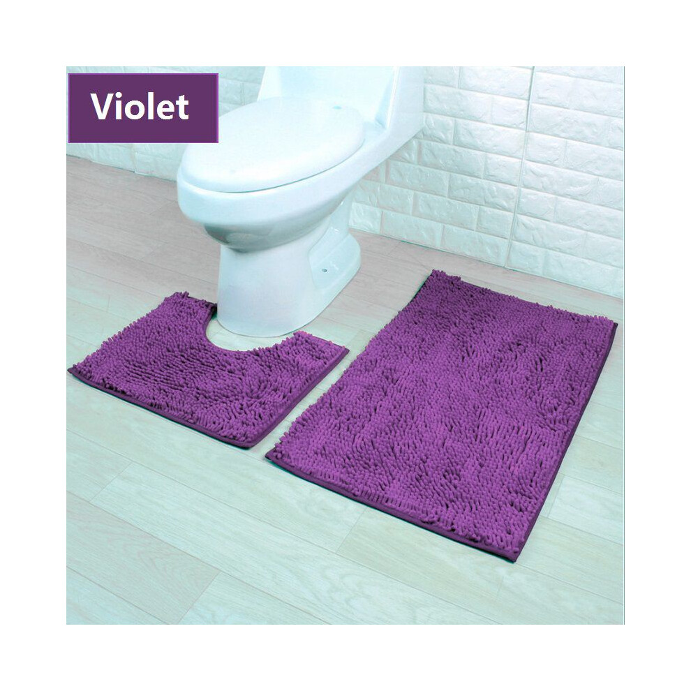 (Violet) 2 Bath Piece Mat Set Non Slip Toilet Pedestal Soft Foam Chenille Shaggy Rug
