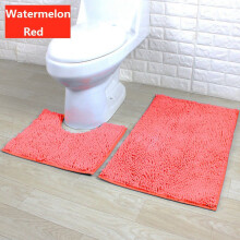 (Watermelon Red) 2 Bath Piece Mat Set Non Slip Toilet Pedestal Soft Foam Chenille Shaggy Rug