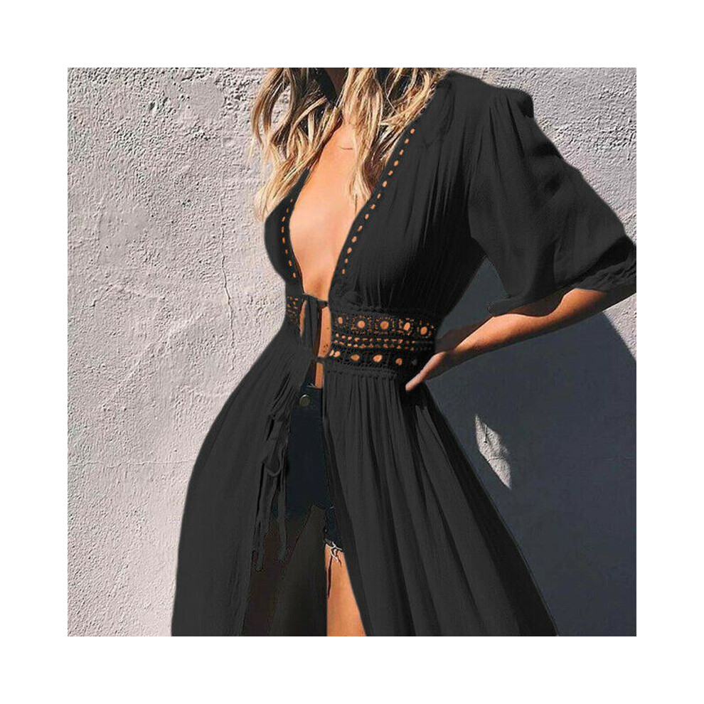 (Black, L) Crochet Womens Lace Bikini Beachwear Cover Up Beach Dress Bathing Kaftan Summer