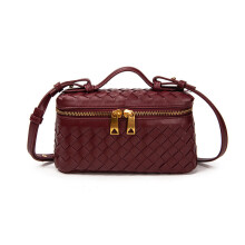 (WineRed) Pu Woven Small Handbag Makeup Bag With Inner Pockets For Women Outings Casual