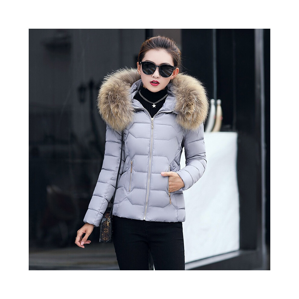 (Gray,L)Veste femme parka col fourrure à capuche manteau court slim matelassé outwear hiver