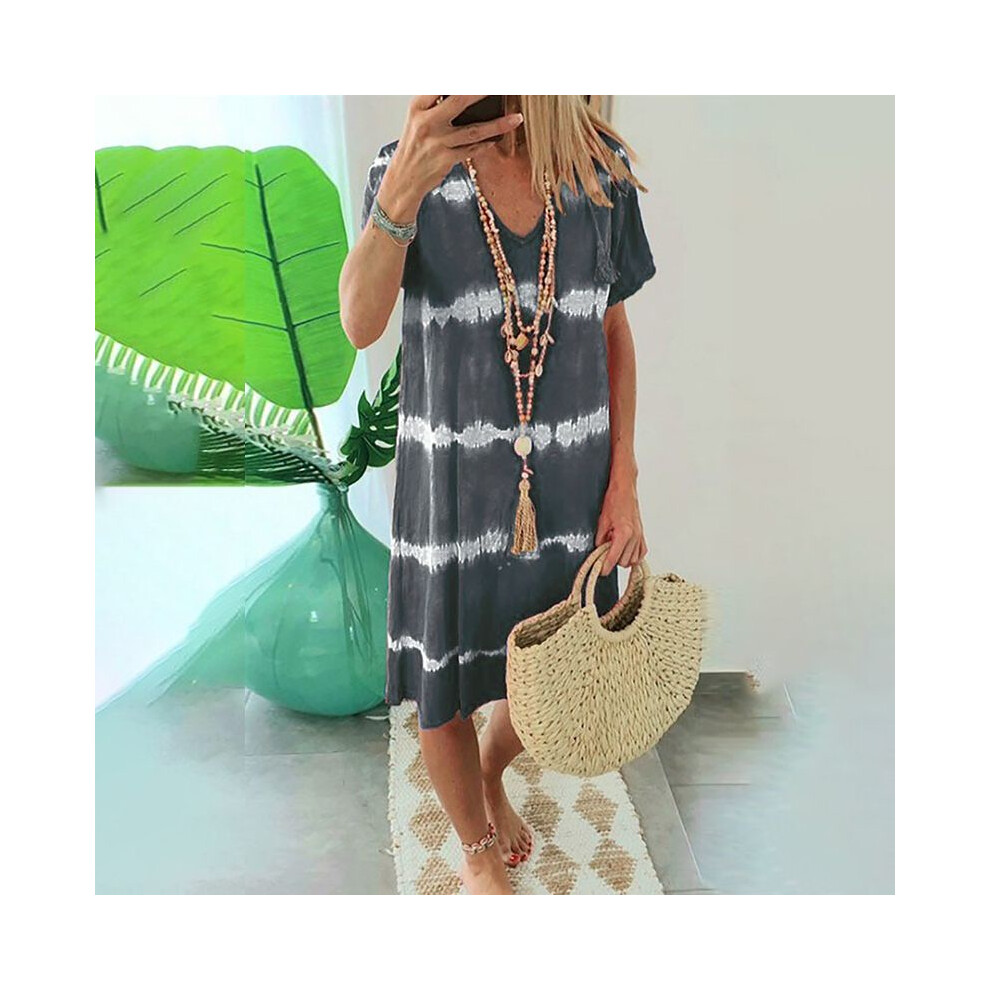 (Gray,L)Vestido Midi Suelto Informal De Playa Con Cuello En V De Verano Talla Grande Para Mujer-image
