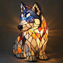 (Husky - Sitting, 17cm button) 1PCS Dog Series Resin Ornaments LED Night Light Art Animal Statue Creative Home Desktop HALLOWEEN Xmas Decoration