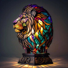 (Lion, 17cm button) 1PCS Dog Series Resin Ornaments LED Night Light Art Animal Statue Creative Home Desktop HALLOWEEN Xmas Decoration