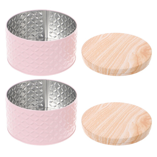 2Pcs Pink Iron Candy Box Wooden Lid Biscuit Cake Storage Case
