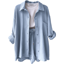 (2XL)Ruffled Lapels Long Sleeve Shirt Shorts Casual  Ladies Sets