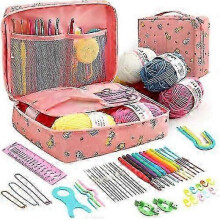 (A) 59pcs Ergonomic Crochet Hook Set 5 Rolls Yarn Knitting Needles Kit For Starters