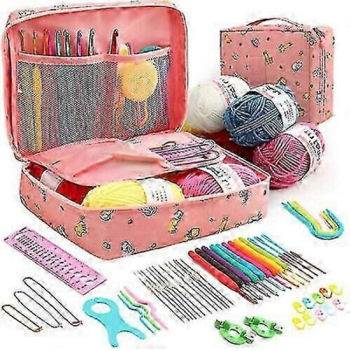 (A) 59pcs Ergonomic Crochet Hook Set 5 Rolls Yarn Knitting Needles Kit For Starters