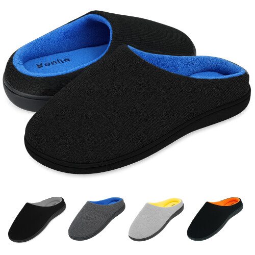 KEPLIN Men's Memory Foam Slippers, Black/Blue, UK Size13