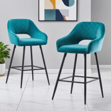 (Dark Teal, 2 Bar Stools) 1/2 Velvet Bar Stools High Counter Breakfast Chair