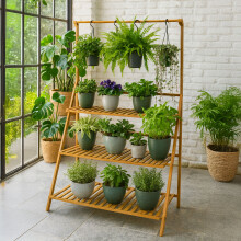 Neo 3 Tier Foldable Bamboo Plant Stand with Hanging Hook Indoor & Outdoor Flower Ladder for Balcony Living Room & Garden