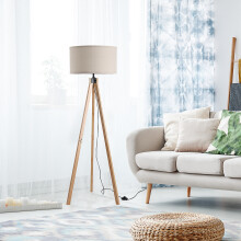 HOMCOM Wood Tripod Floor Lamp - Beige Linen Shade - E27 Bulb - 152 cm Tall - On/Off Switch - 3 m Cord - Model B31-162V70BG