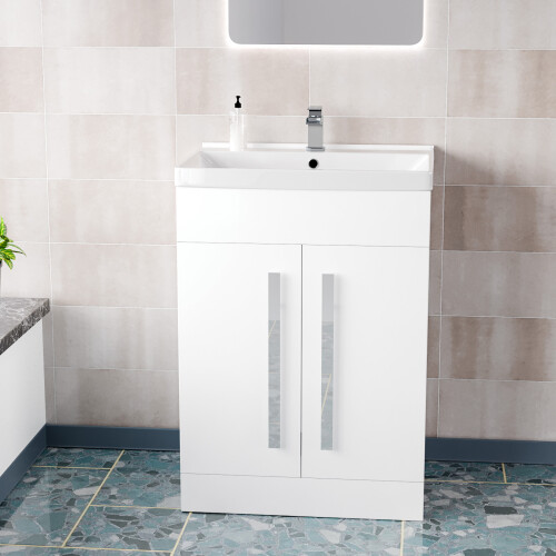 NES Home Aric White 600mm Gloss Bathroom Basin Sink Cabinet & Ceramic Basin Flat Pack 1